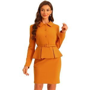Women Business Suits Peplum Blazer Jacket Mini Pencil Skirt Sets Dark Orange